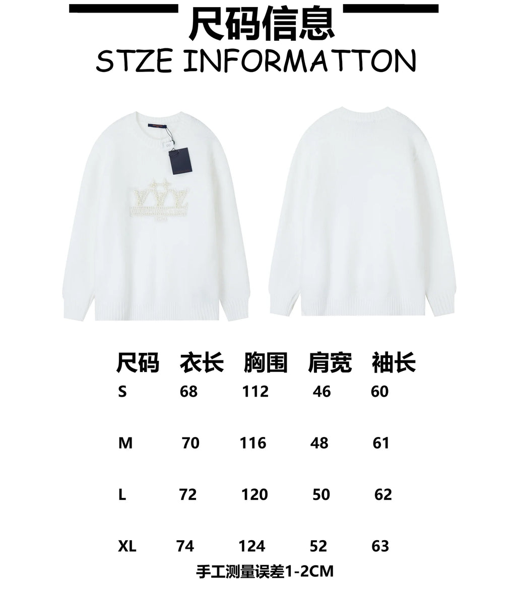 Embroidered pearl micro label round neck sweater