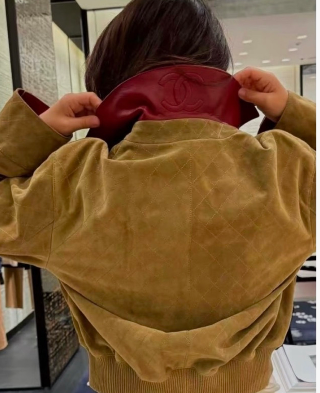 Khaki Suede Cropped Jacket with Lapel | Diamond-Quilted Zip-Up Jacket