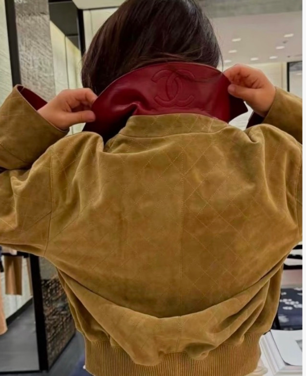 Khaki Suede Cropped Jacket with Lapel | Diamond-Quilted Zip-Up Jacket