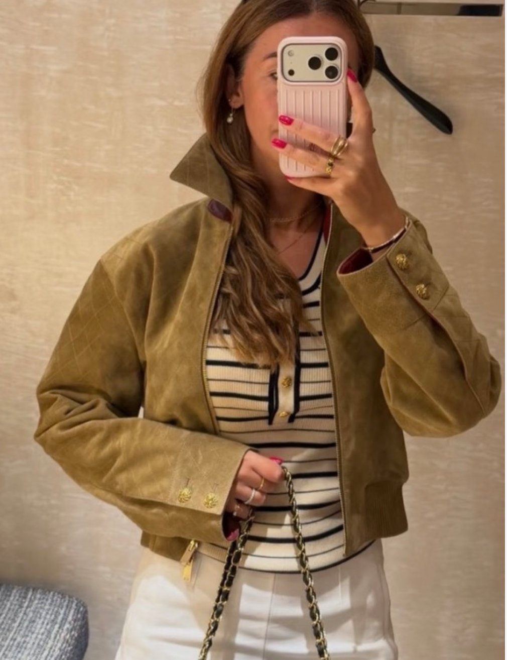 Khaki Suede Cropped Jacket with Lapel | Diamond-Quilted Zip-Up Jacket