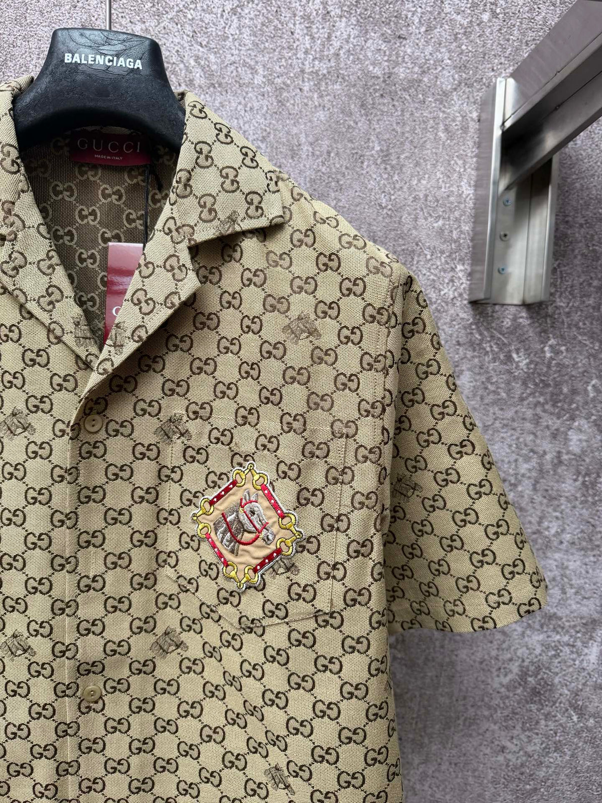 Spring and summer new equestrian embroidery square collar single breasted full printed LOGO short sleeved shirt
