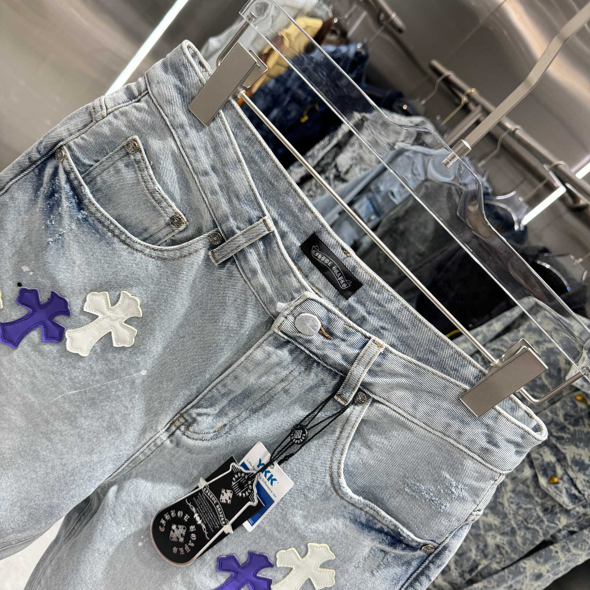 New split leather cross denim shorts