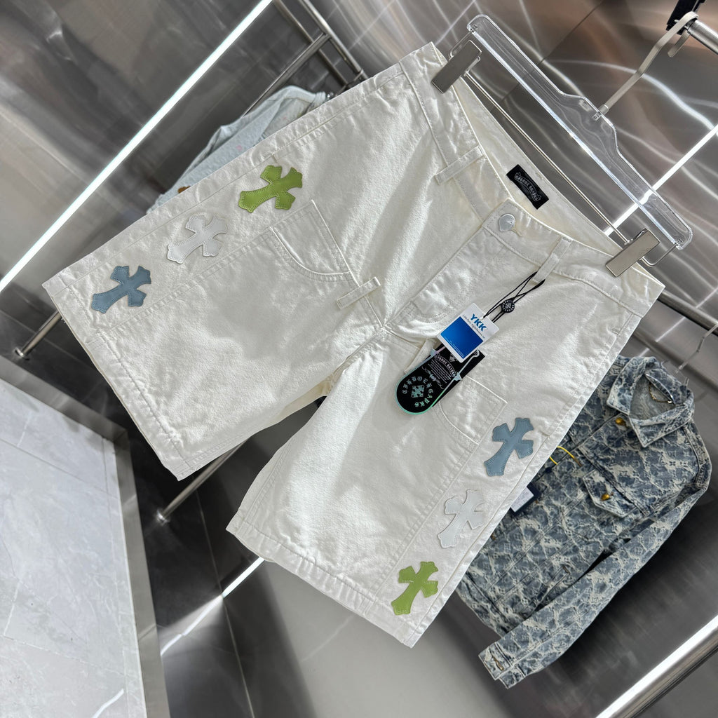 Spliced cross denim shorts