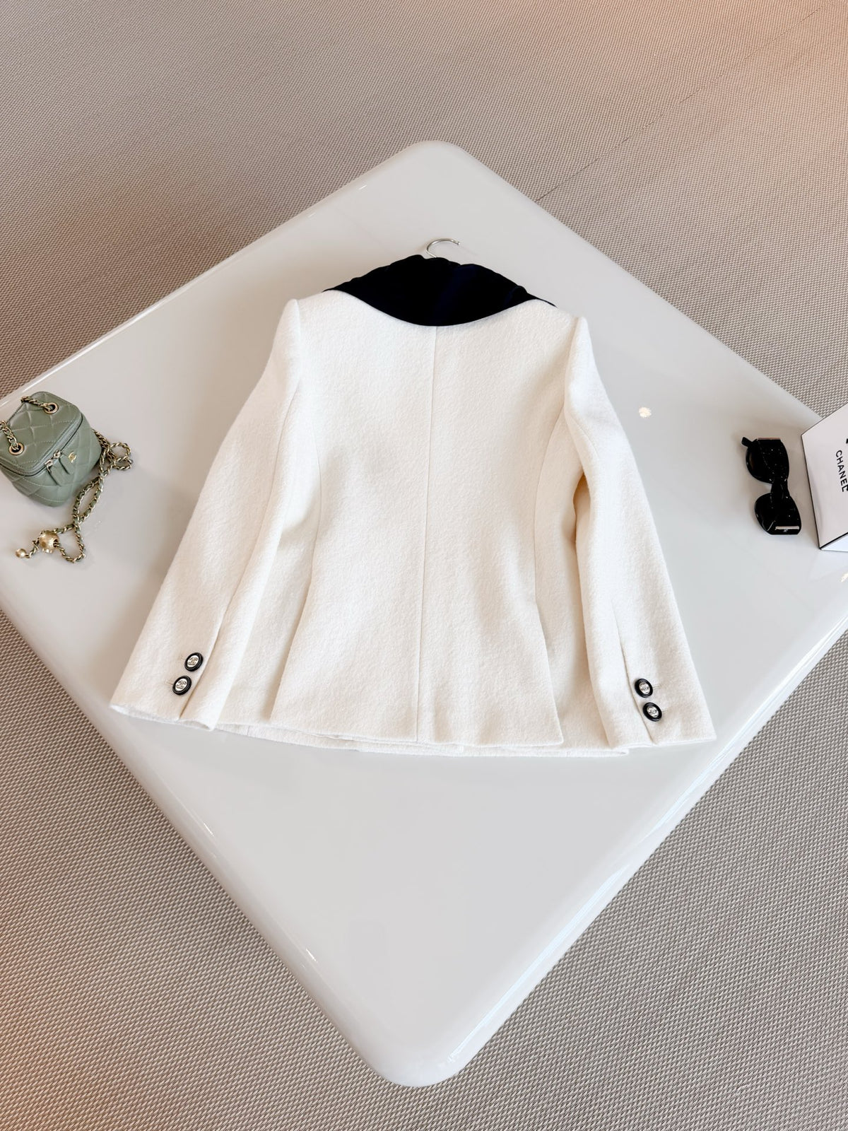 Elegant White Double-Breasted Wool Coat | Black Bow Detail Tweed Jacket