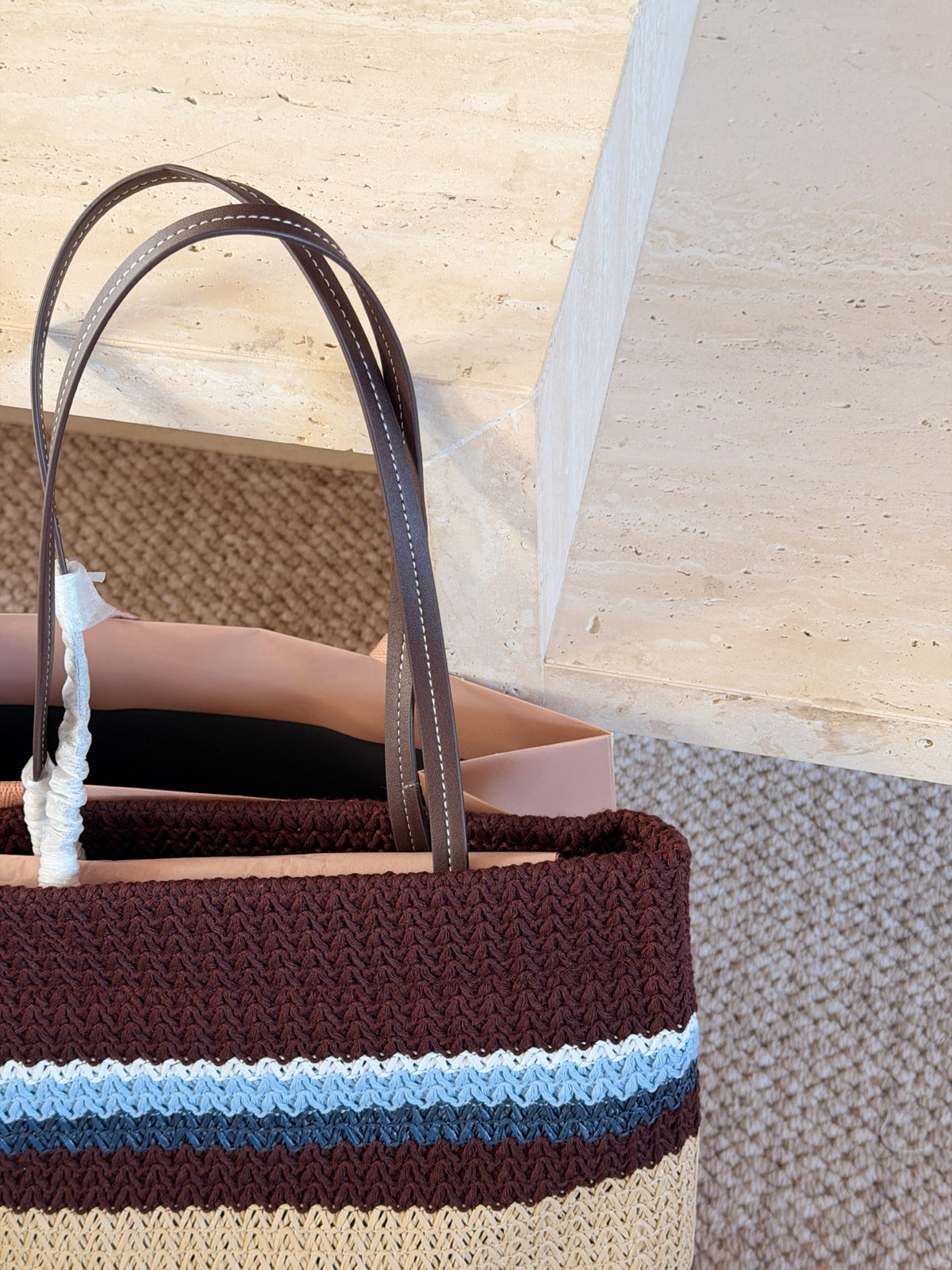 Vertical striped woven tote bag