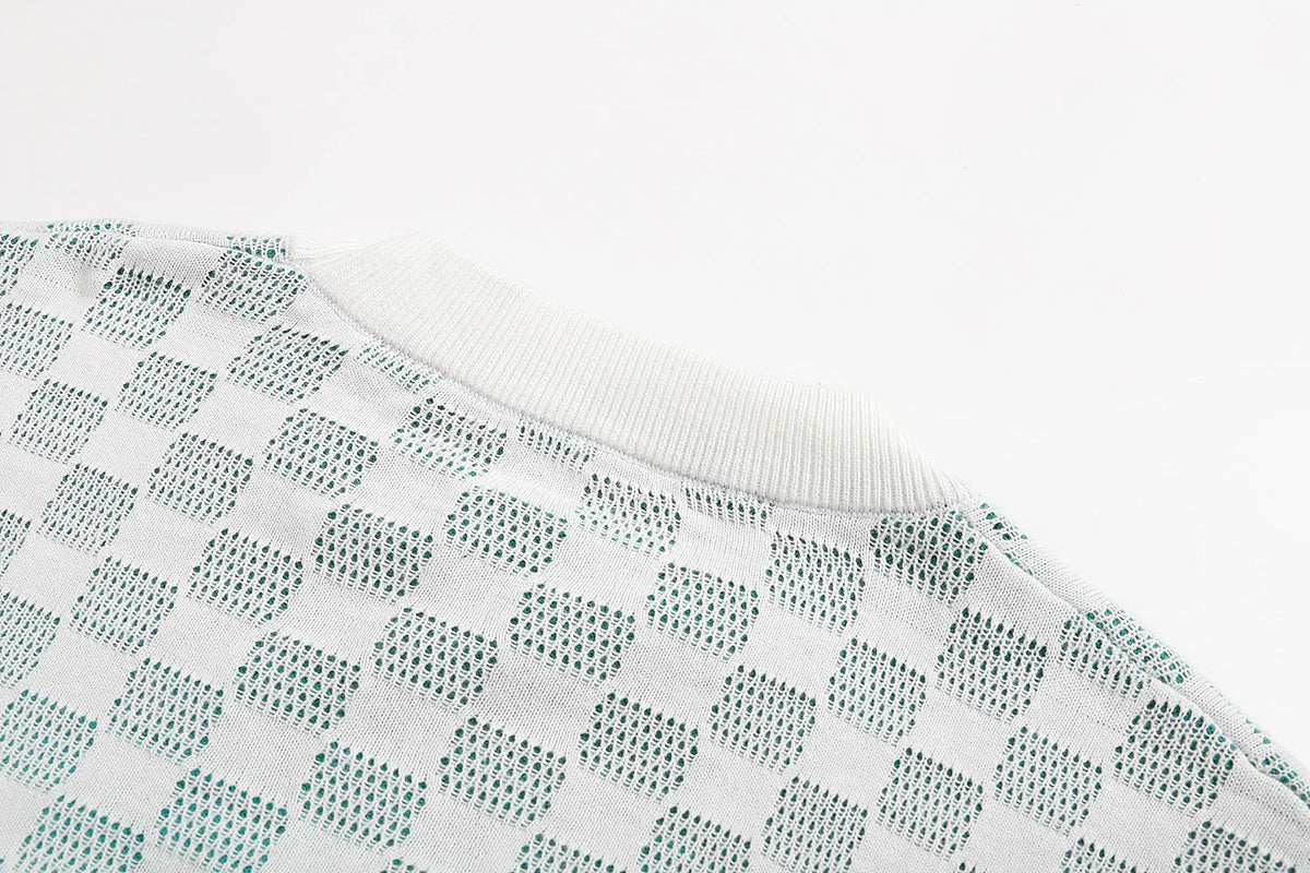 Checkerboard gradient jacquard round neck sweater