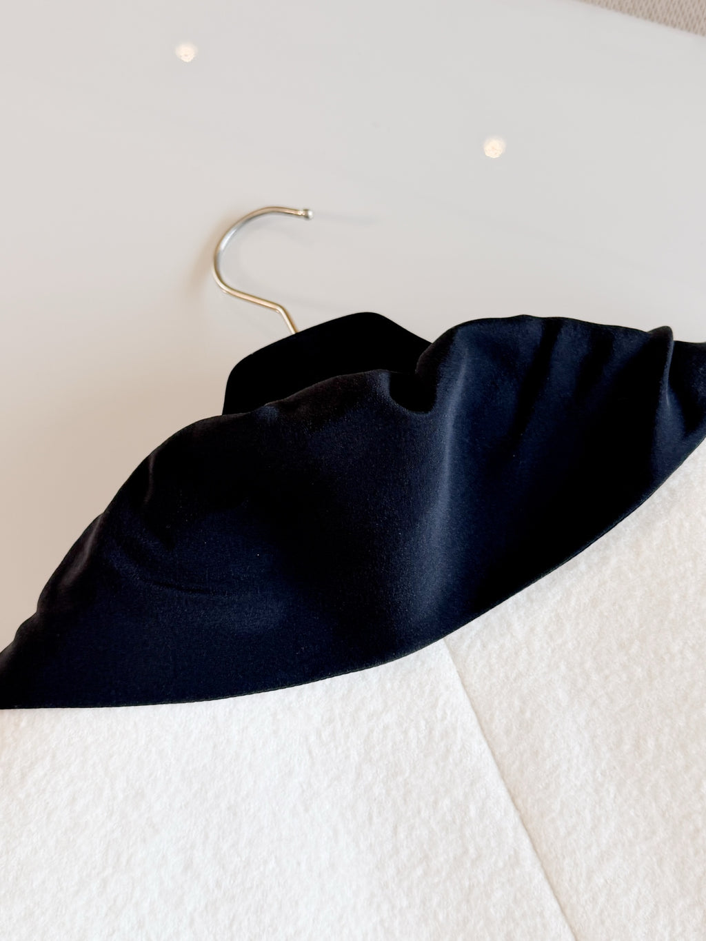 Elegant White Double-Breasted Wool Coat | Black Bow Detail Tweed Jacket