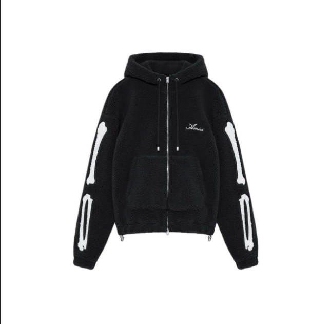 Skeleton pattern zipper drawstring left chest letter embroidery hooded sweatshirt