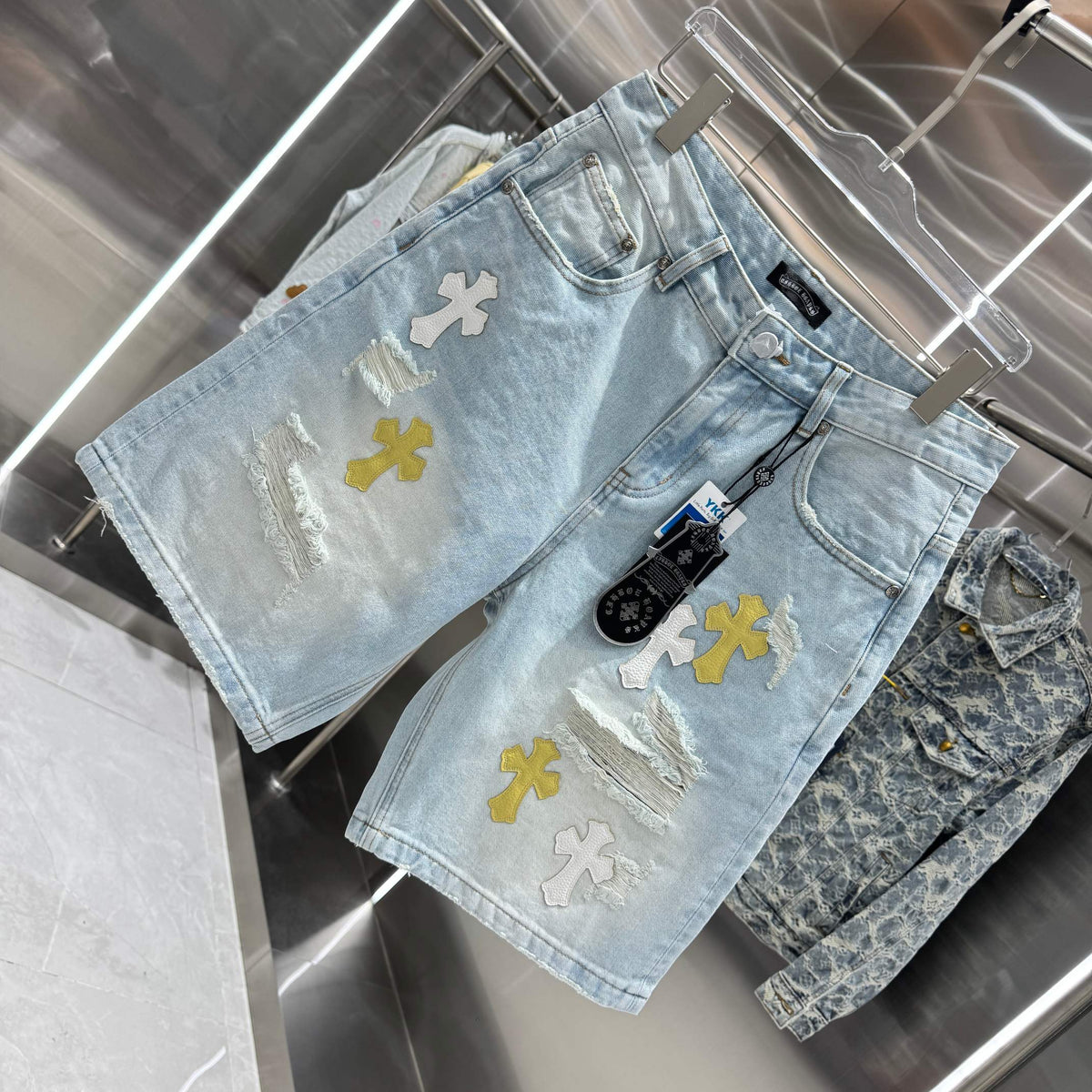 Spring and summer new cross denim shorts made of split leather