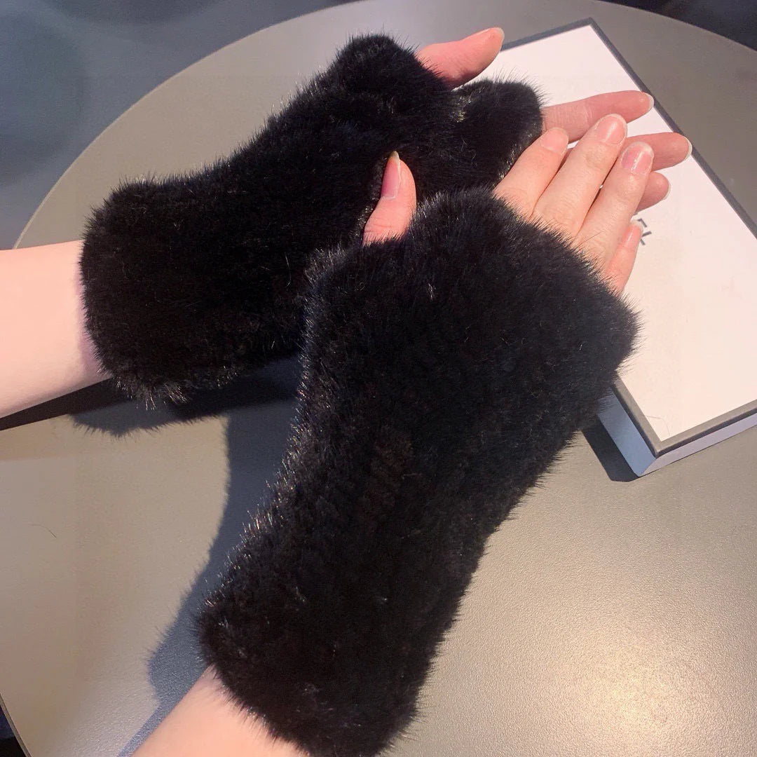 Autumn and winter mink fur exposed finger half cut gloves