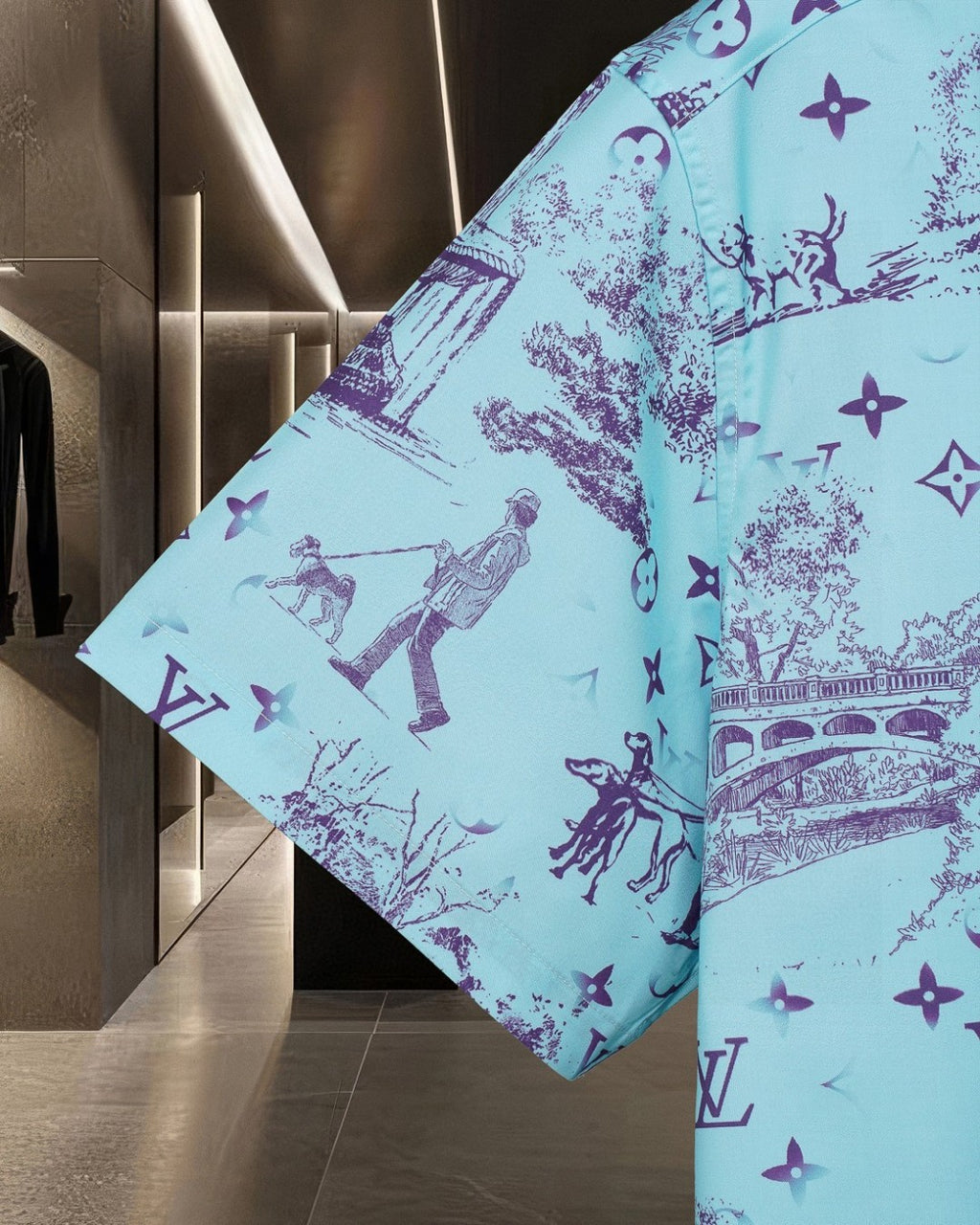 Short sleeved shirt with fragmented urban landscape pattern
