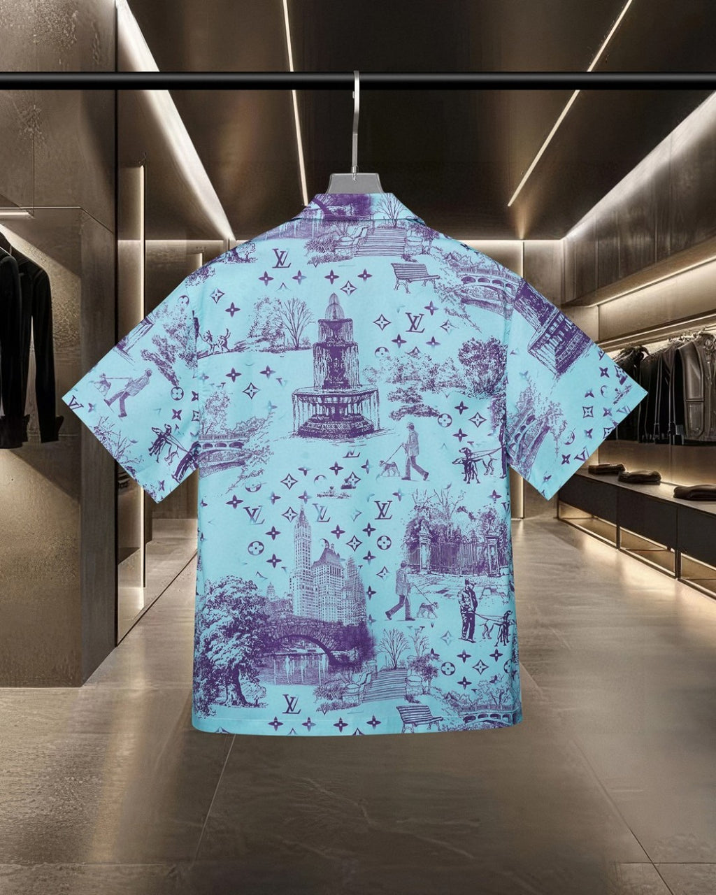 Short sleeved shirt with fragmented urban landscape pattern