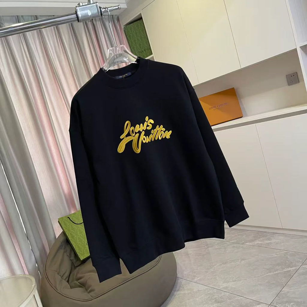 Gold thread embroidered letter logo round neck hoodie