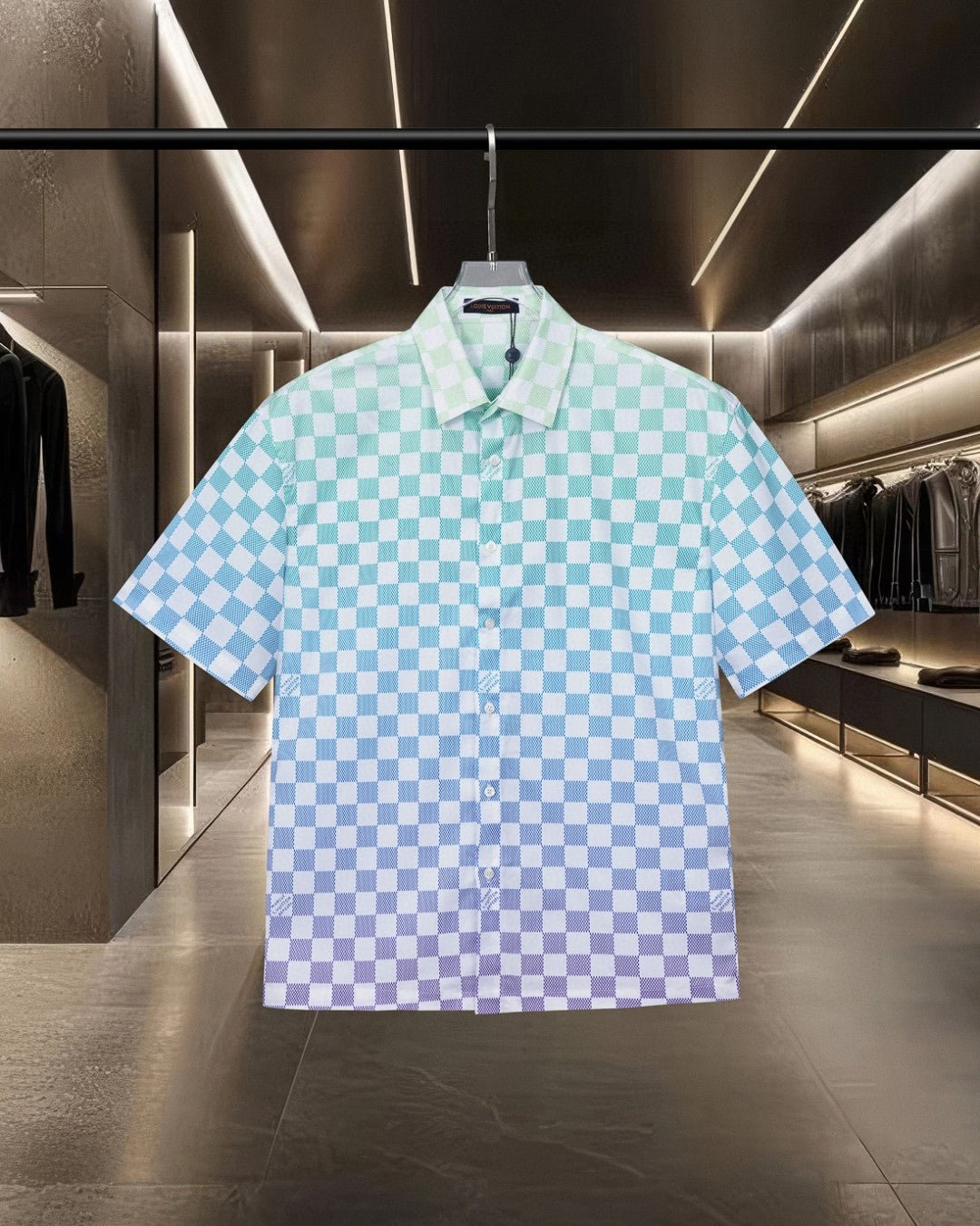 Gradient checkerboard digital printed short sleeved shirt