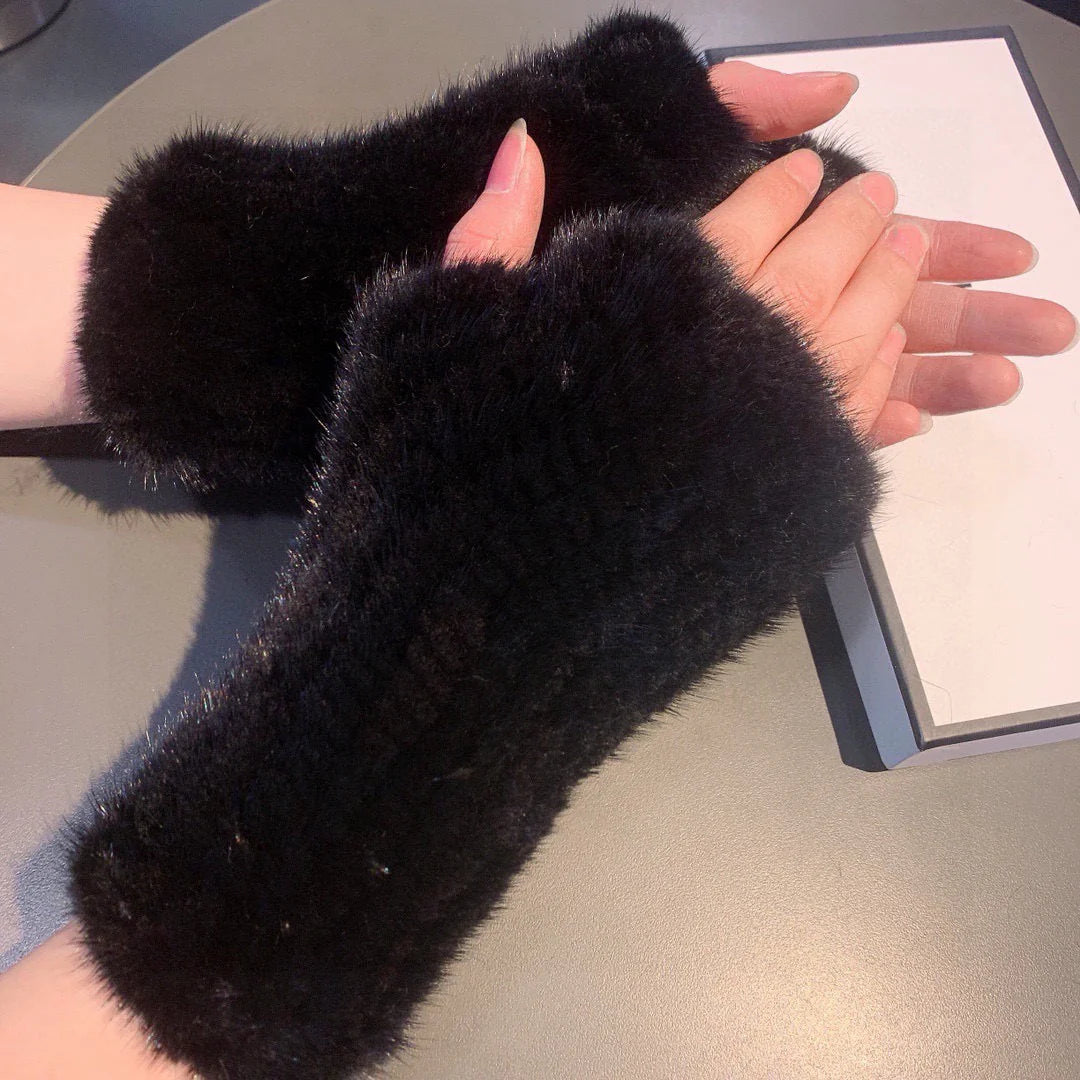 Autumn and winter mink fur exposed finger half cut gloves