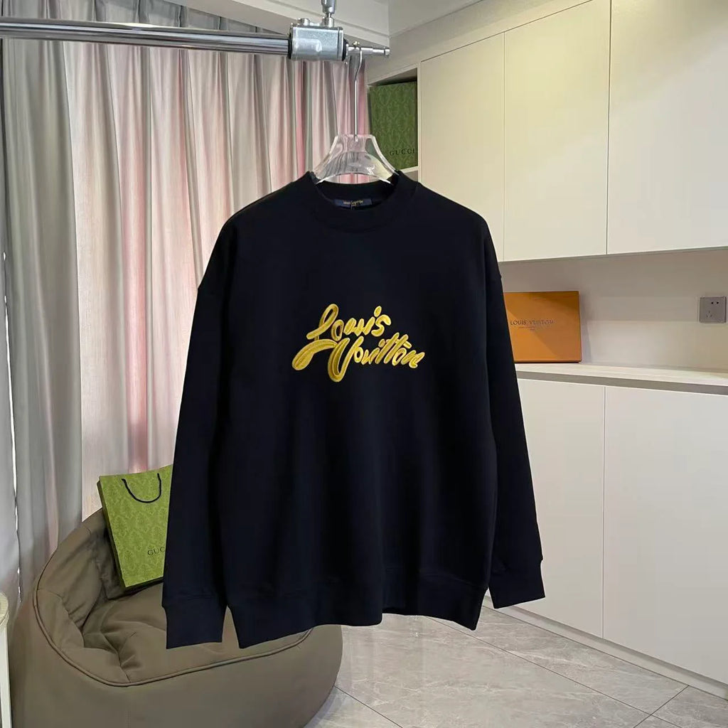 Gold thread embroidered letter logo round neck hoodie