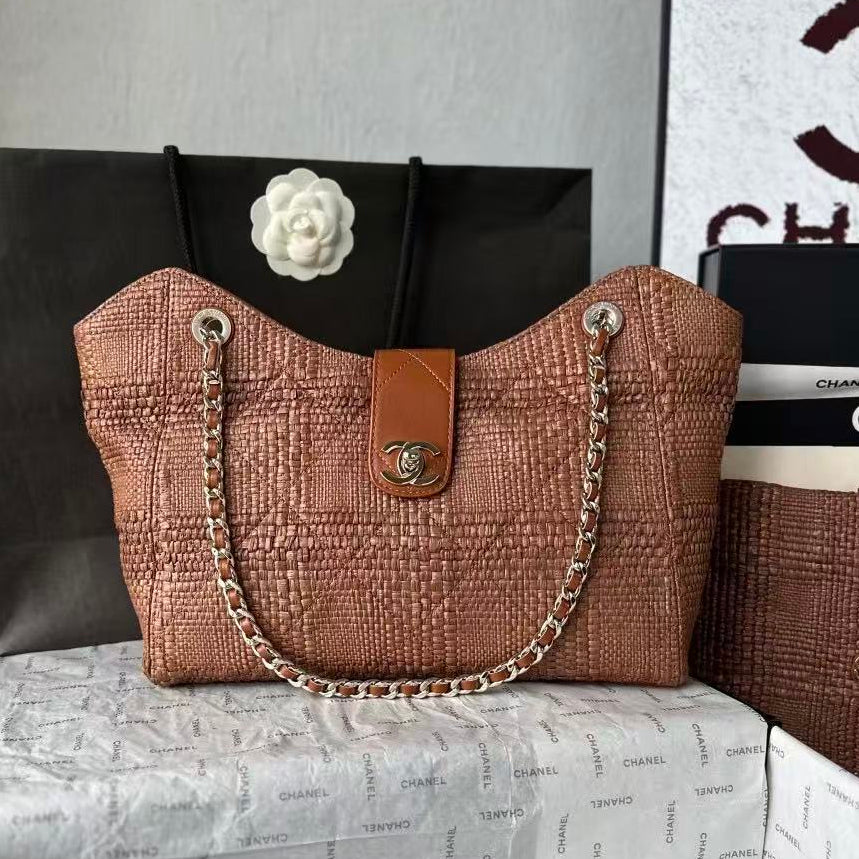 2026 Shopping Bag 32cm Braided Raffia Woven Leather