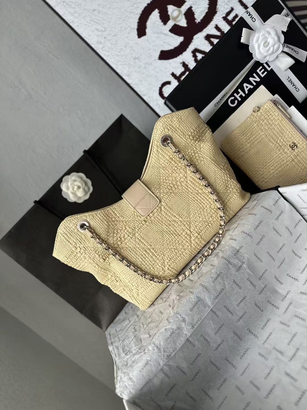2026 Shopping Bag 32cm Braided Raffia Woven Leather