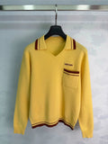 26 Early Autumn New Color-Block Polo Collar Openwork Knit Top