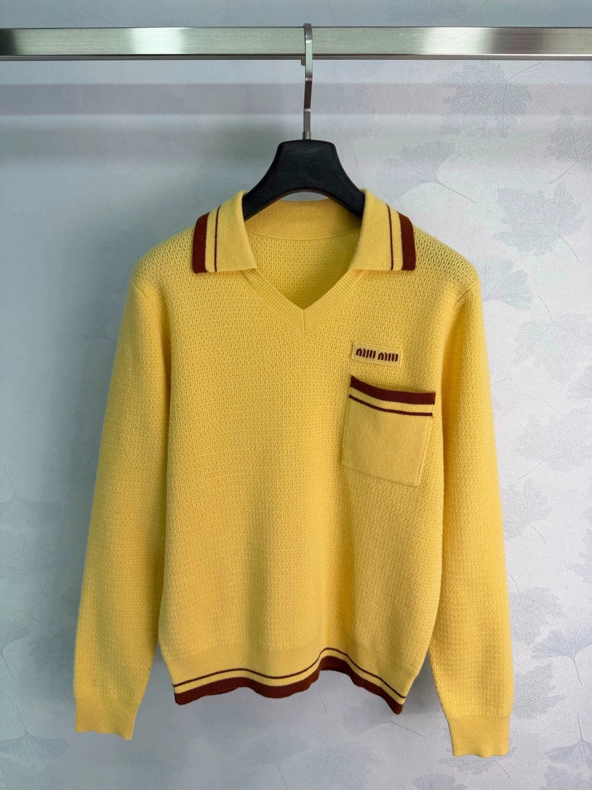 26 Early Autumn New Color-Block Polo Collar Openwork Knit Top