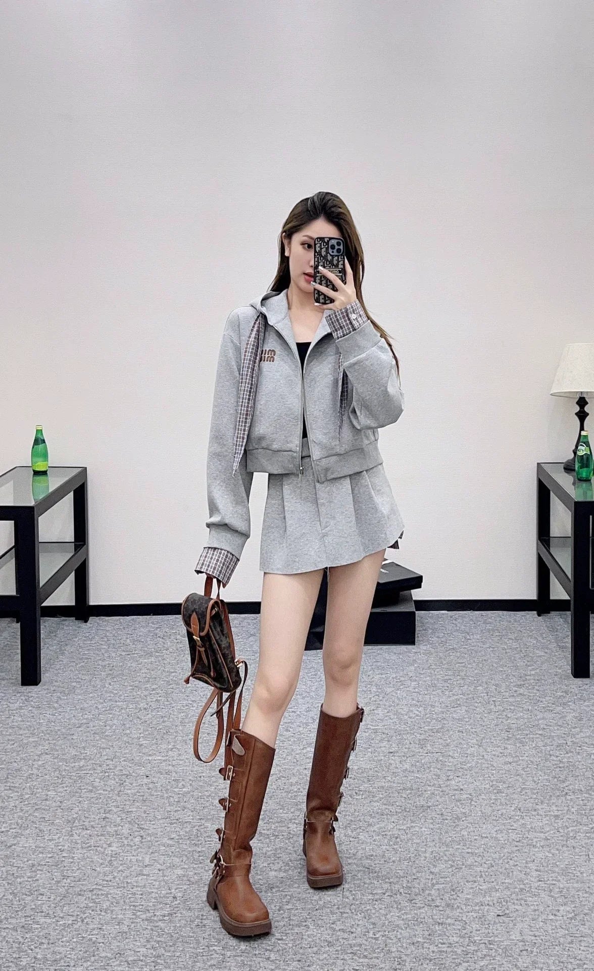 Mi 25 Plaid patchwork hooded jacket and skirt suit