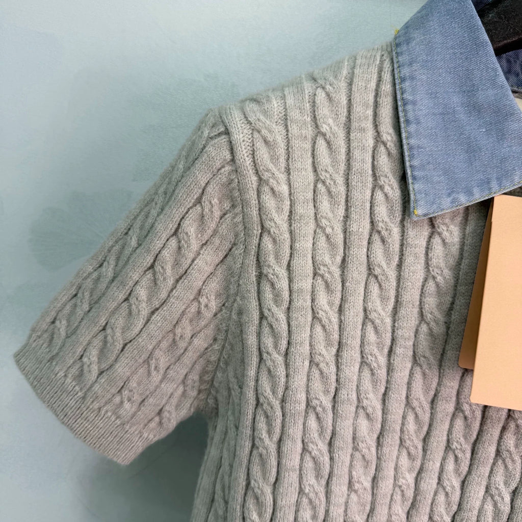 Denim Patchwork Cable Knit Short Sleeve