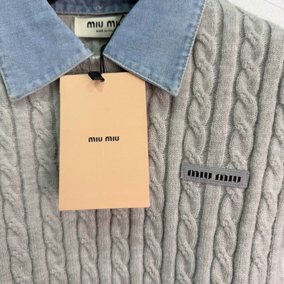 Denim Patchwork Cable Knit Short Sleeve