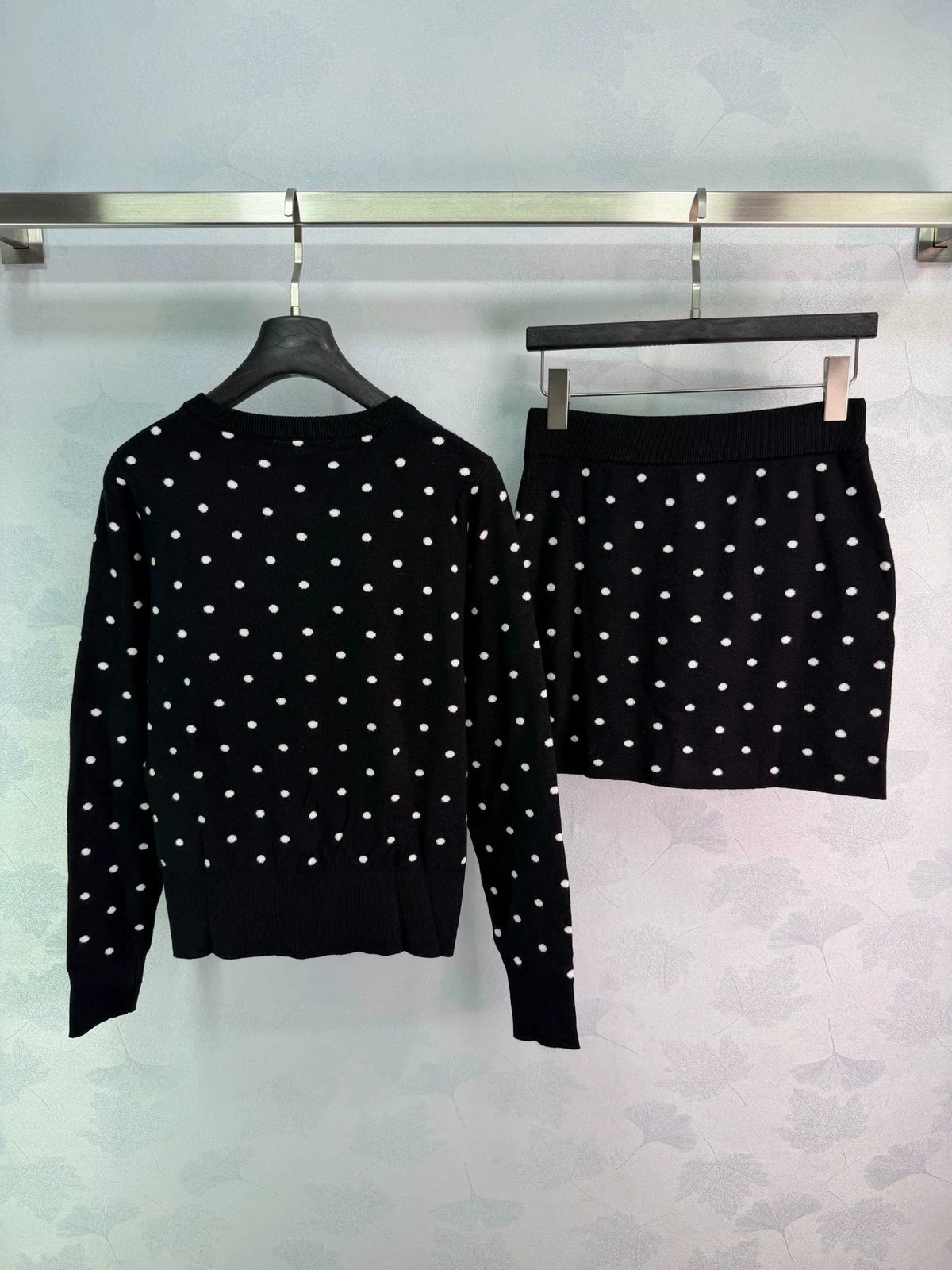 26 Early Fall New Polka Dot Knit Long-Sleeve Cardigan and Mini Skirt Set