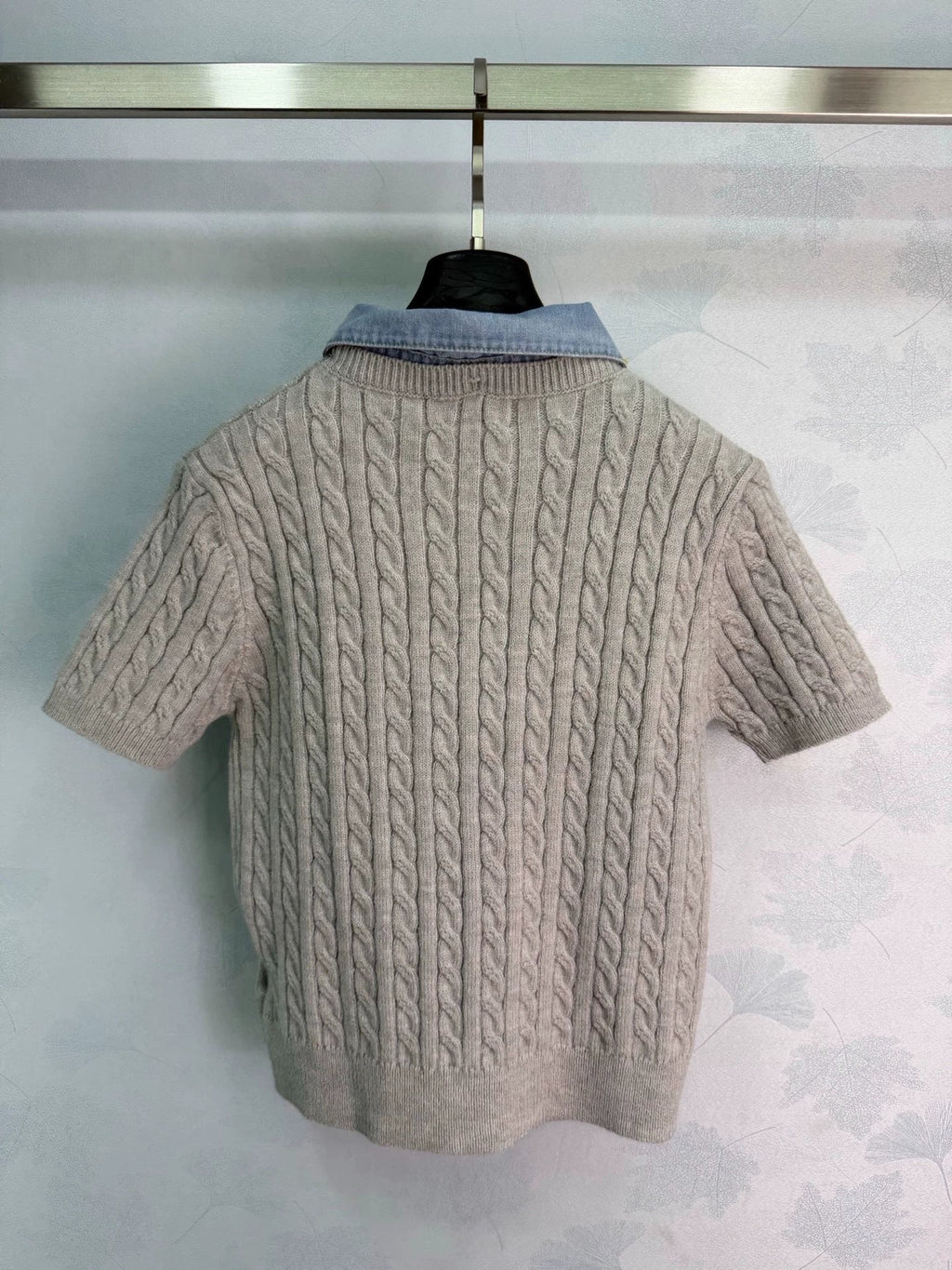 Denim Patchwork Cable Knit Short Sleeve