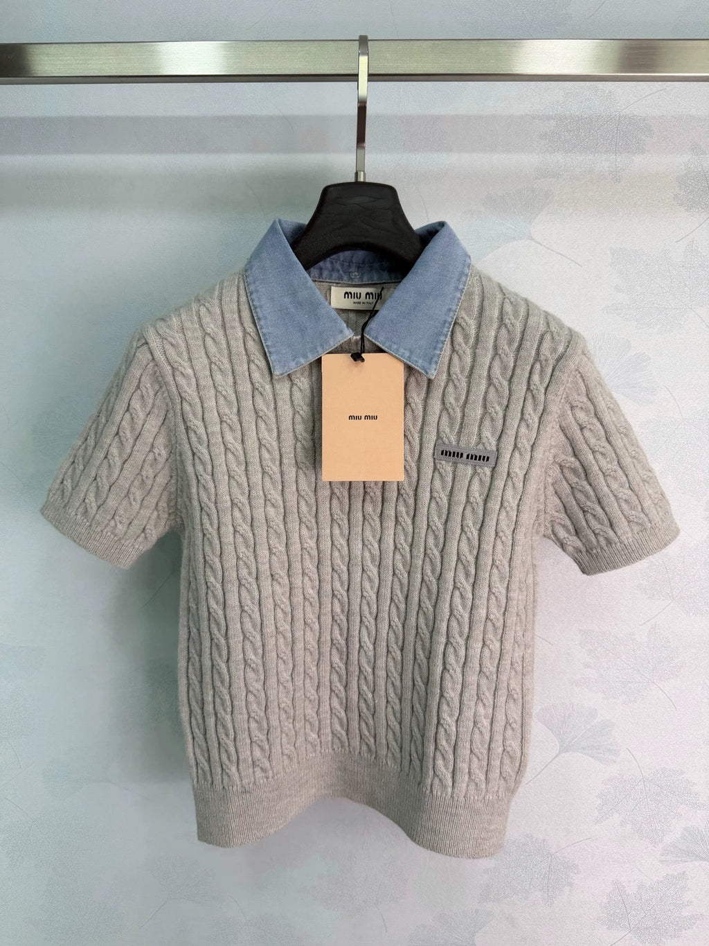 Denim Patchwork Cable Knit Short Sleeve