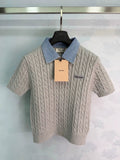 Denim Patchwork Cable Knit Short Sleeve
