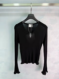 26 Early Autumn New V-Neck Ribbed Ruffle Cuff Bell Sleeve Knit Top/*