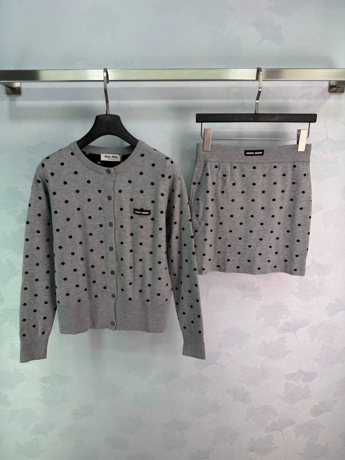 26 Early Fall New Polka Dot Knit Long-Sleeve Cardigan and Mini Skirt Set