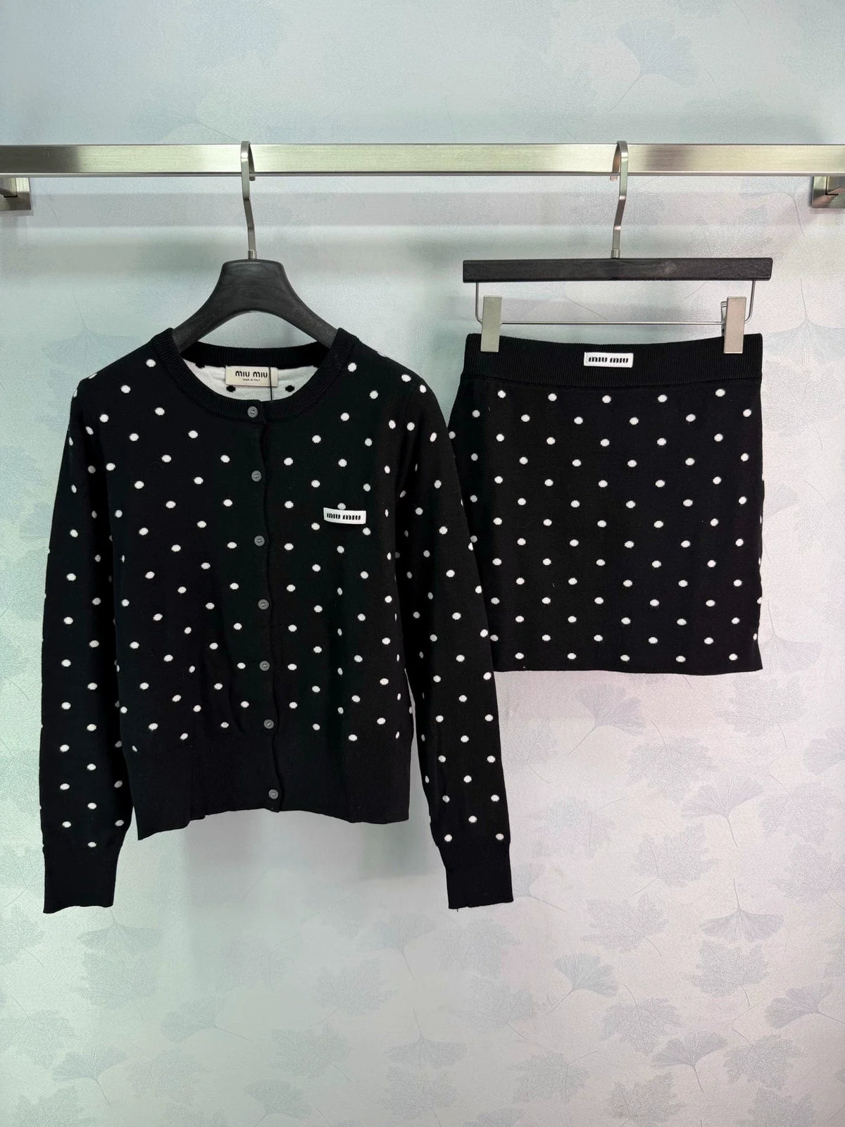 26 Early Fall New Polka Dot Knit Long-Sleeve Cardigan and Mini Skirt Set