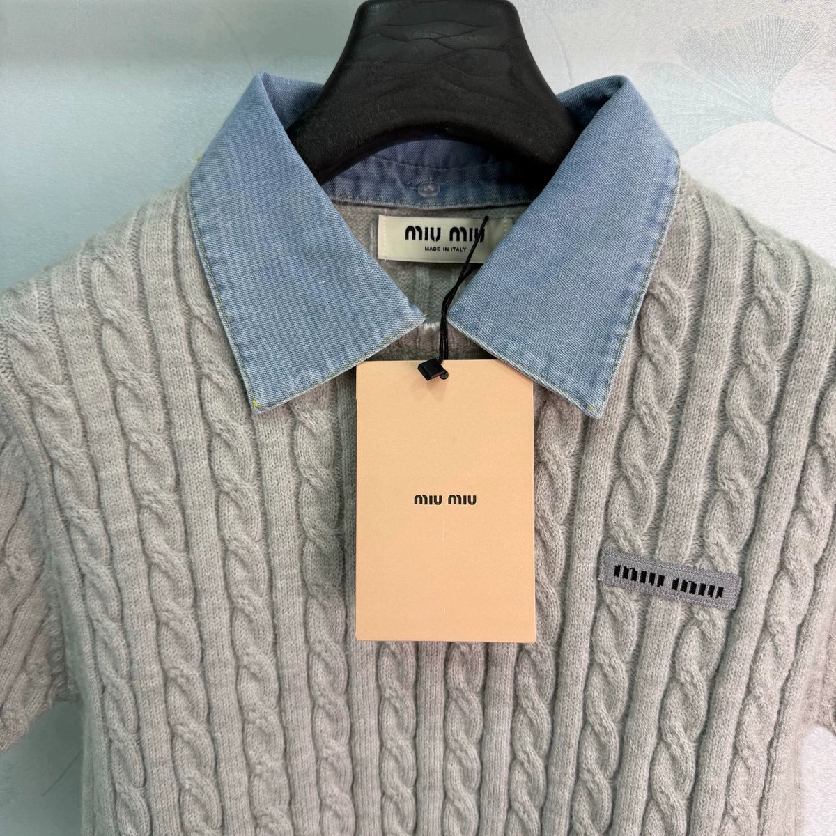 Denim Patchwork Cable Knit Short Sleeve