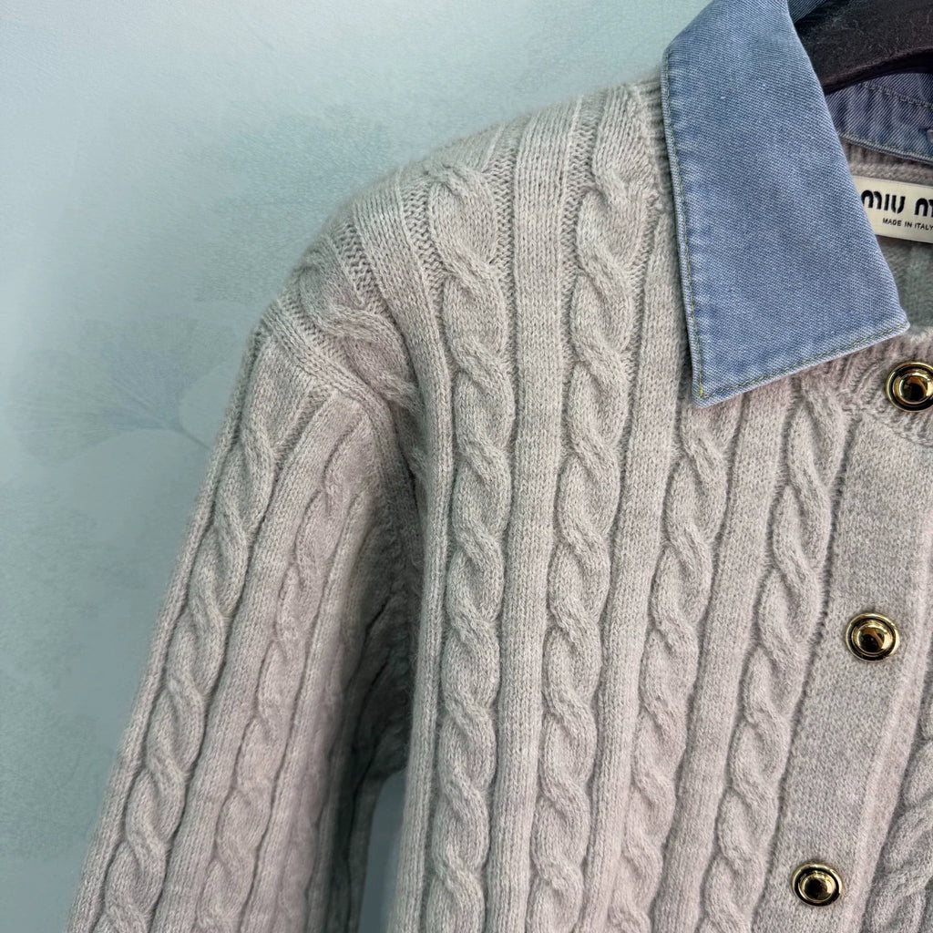 Denim Patchwork Cable Knit Long Sleeve