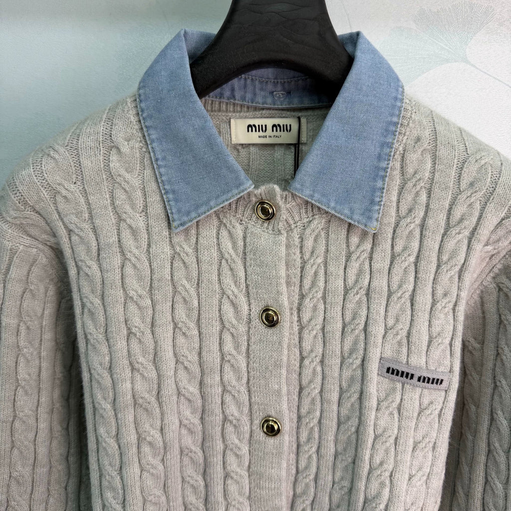 Denim Patchwork Cable Knit Long Sleeve