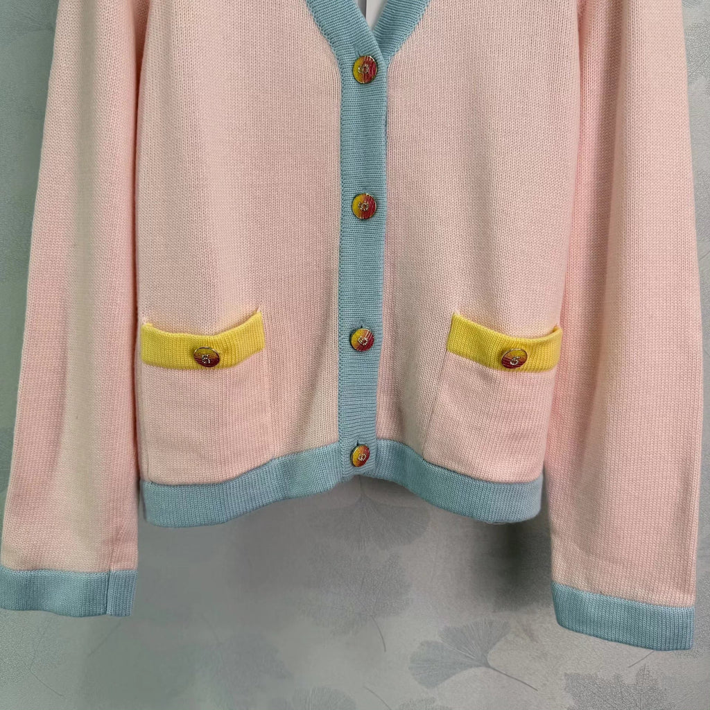 Color-blocked V-neck Cardigan