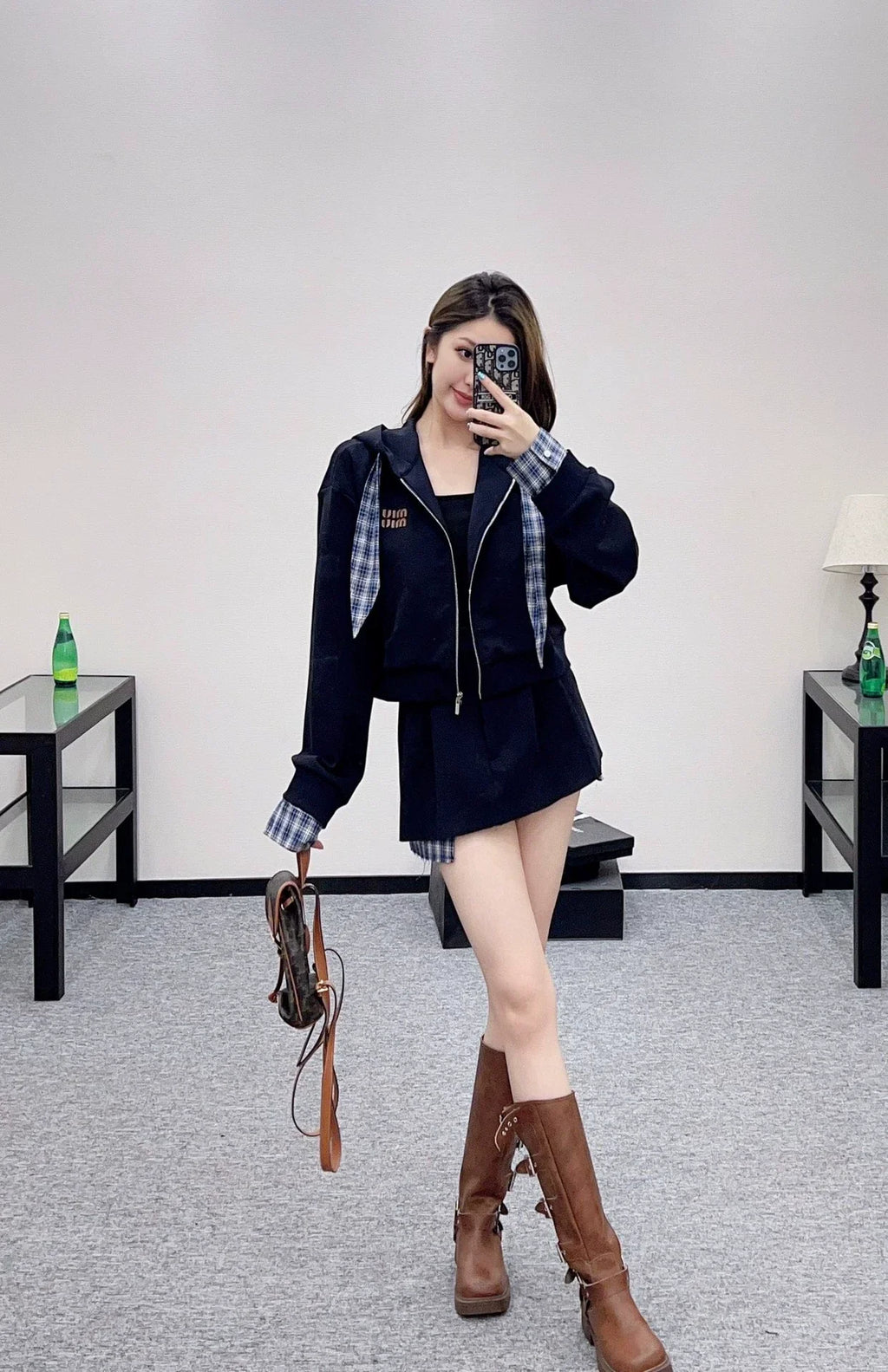 Mi 25 Plaid patchwork hooded jacket and skirt suit