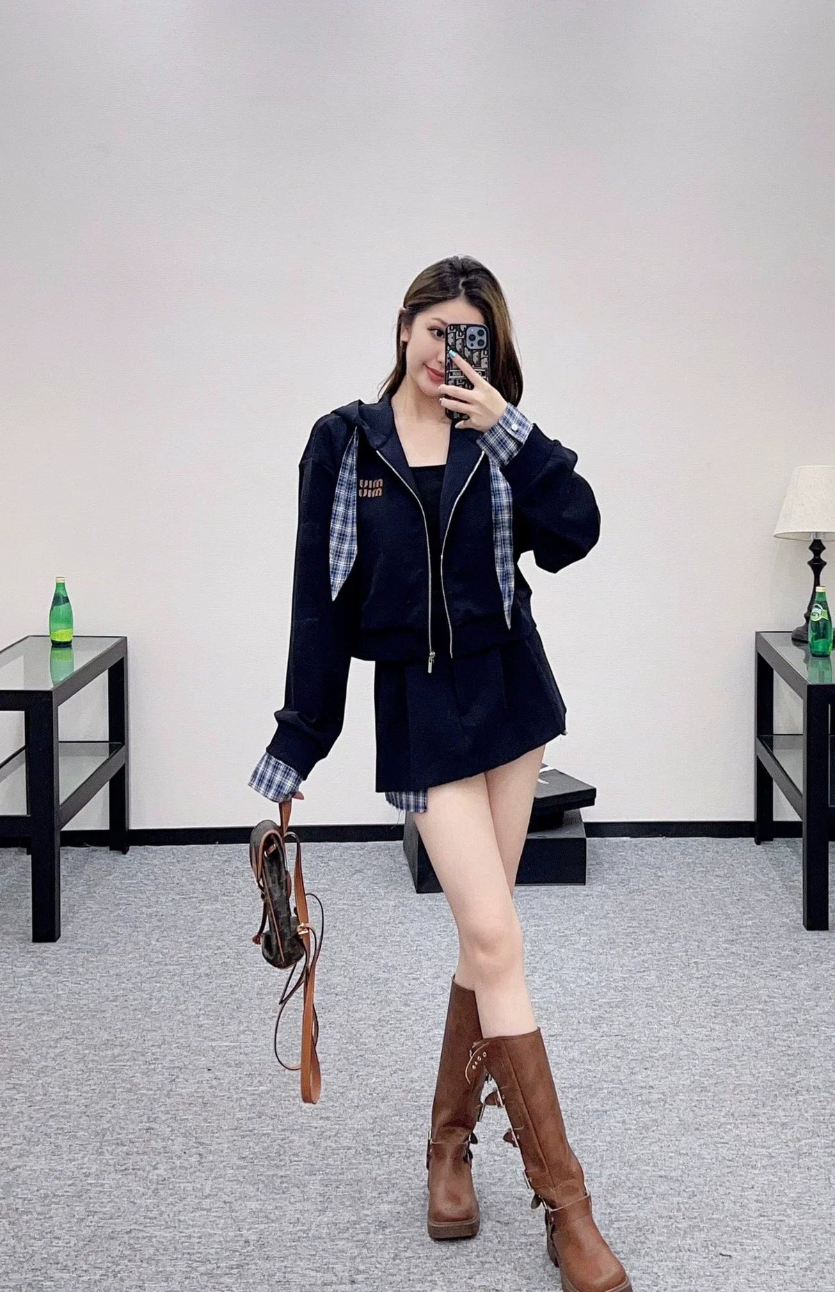 Mi 25 Plaid patchwork hooded jacket and skirt suit