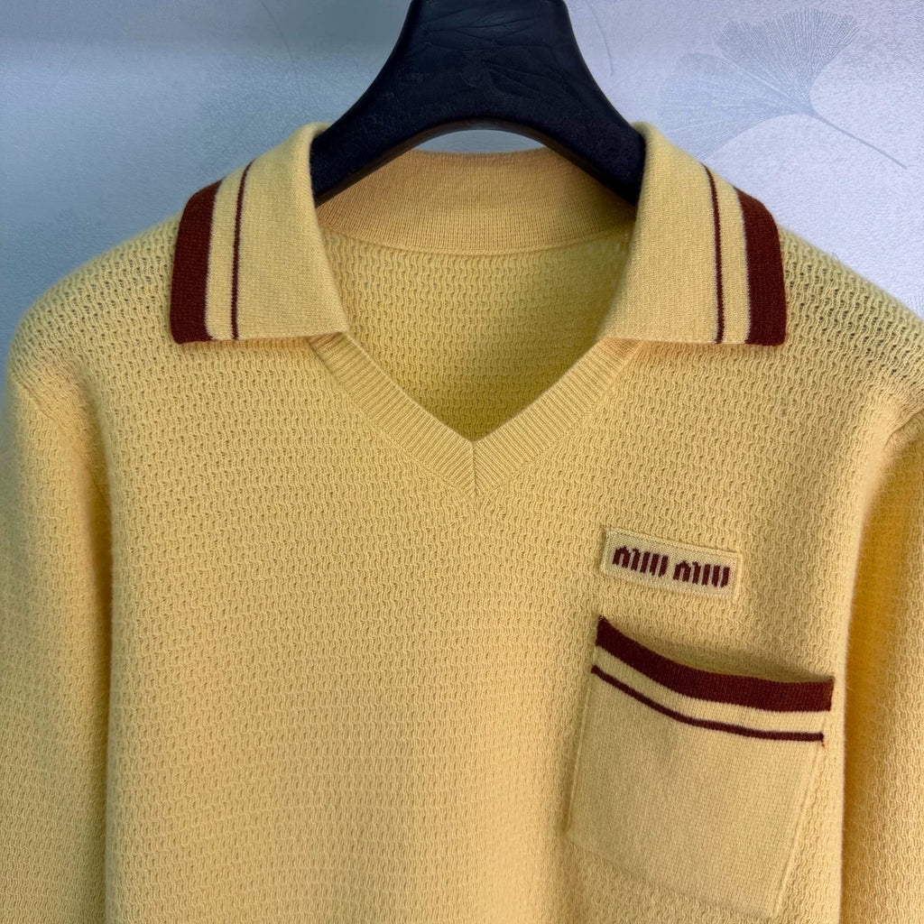 26 Early Autumn New Color-Block Polo Collar Openwork Knit Top