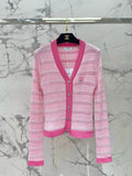 C 25 new hollow color matching striped knitted cardigan