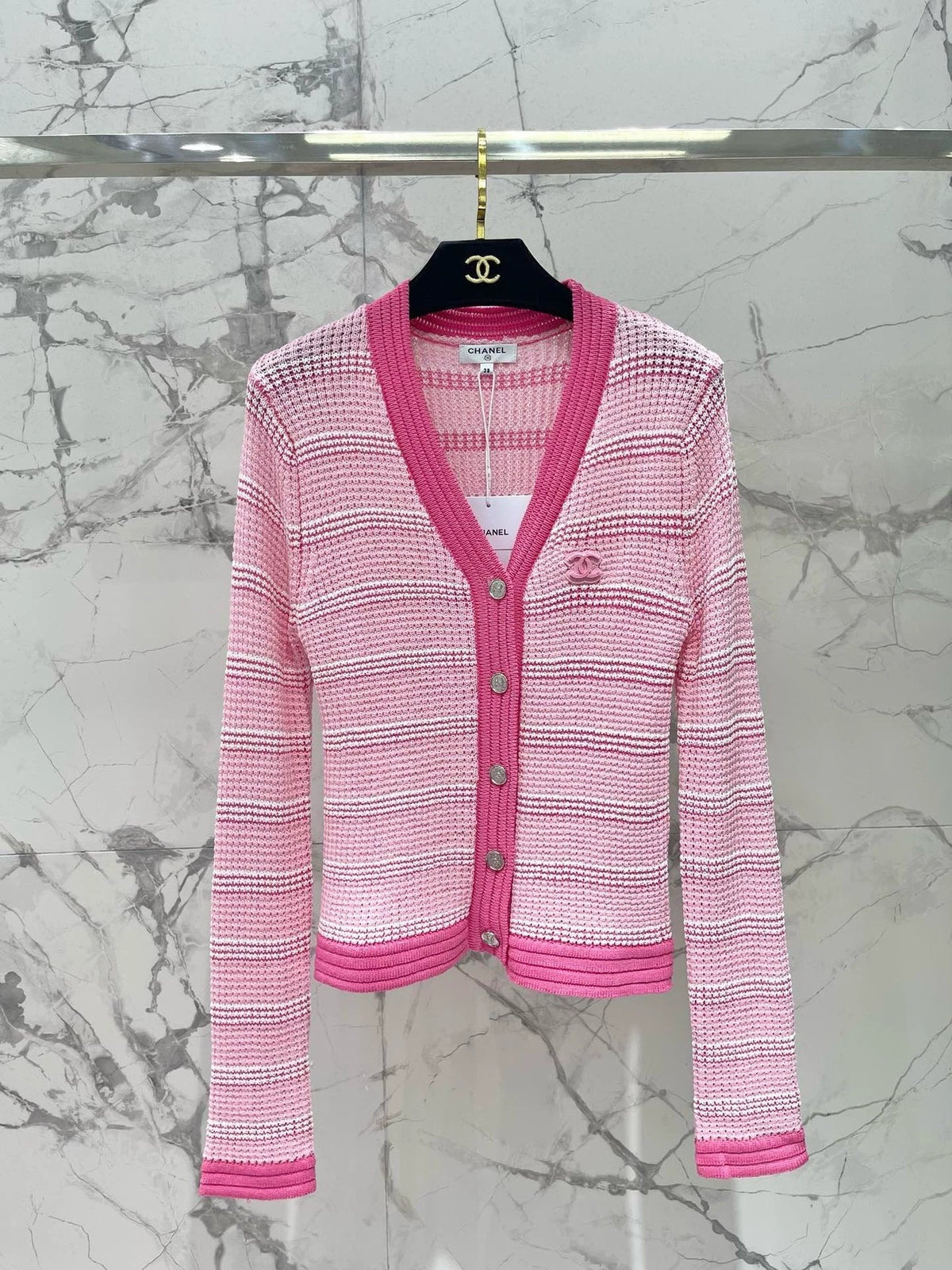 C 25 new hollow color matching striped knitted cardigan