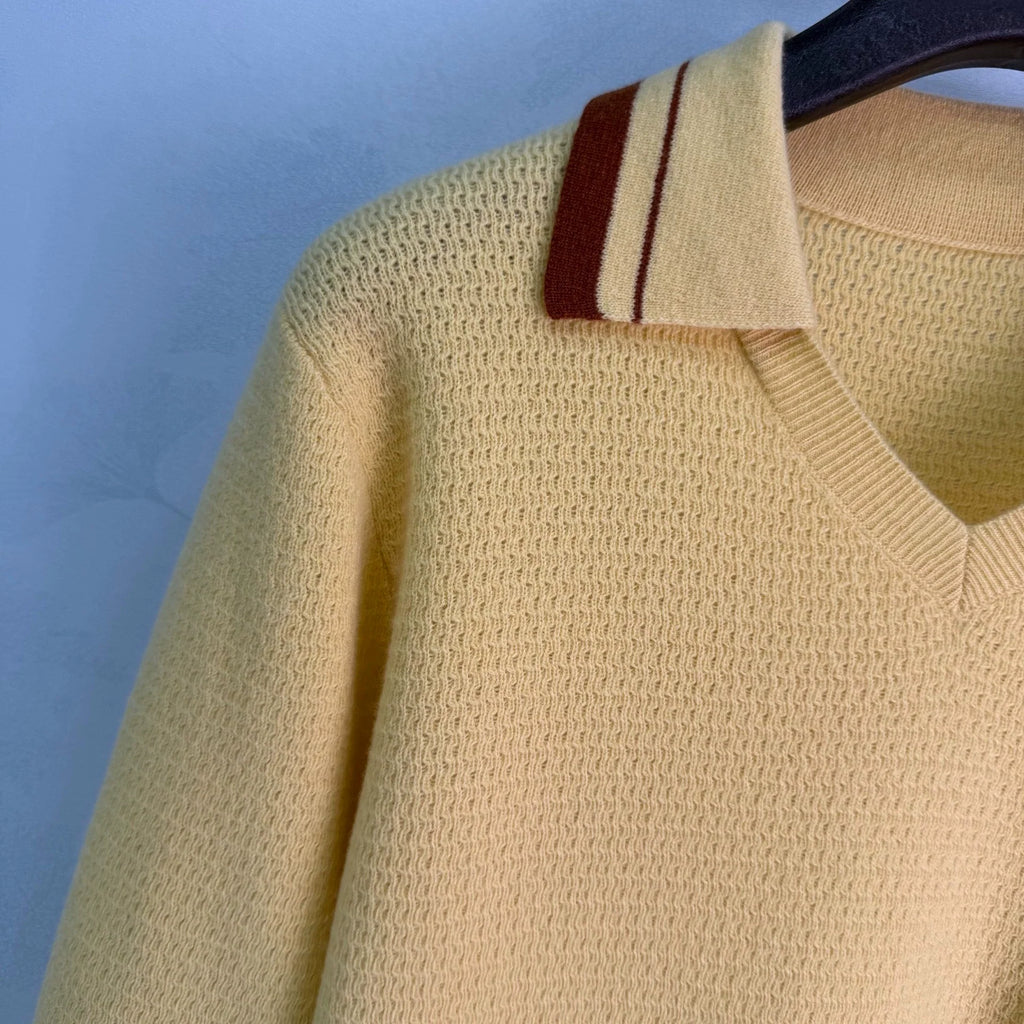 26 Early Autumn New Color-Block Polo Collar Openwork Knit Top