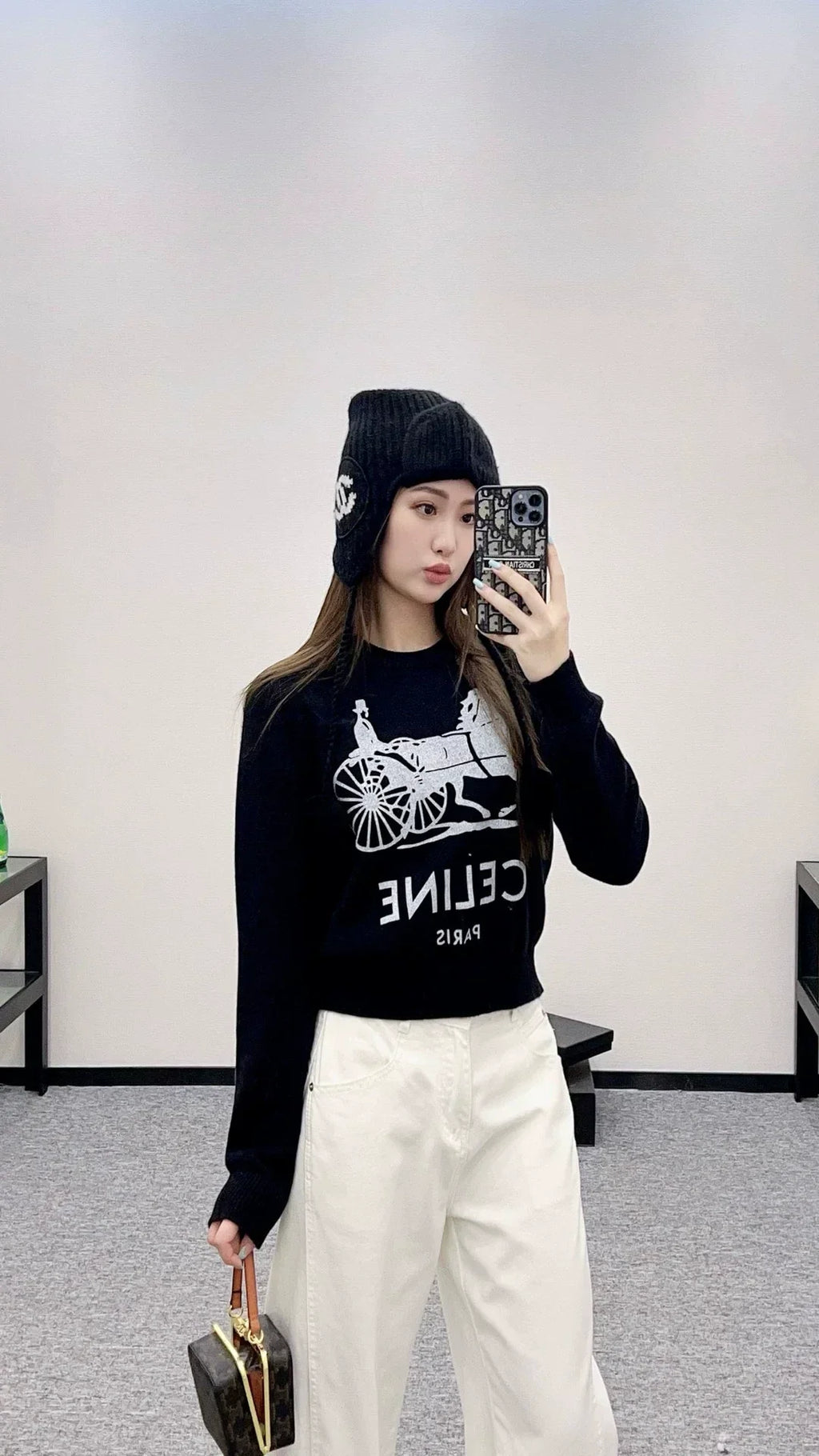25 Crochet letter carriage knit sweater（Beigei/black）