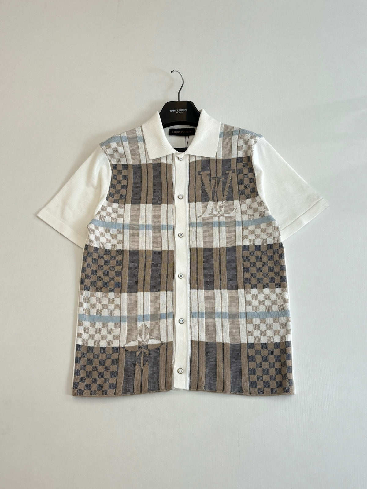 Plaid jacquard knitted short sleeved shirt