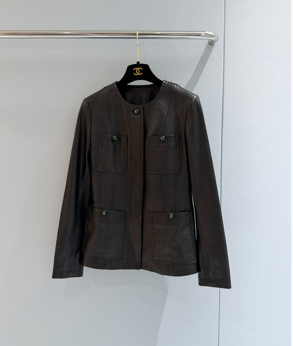 Women’s Vintage Smooth Leather-Look Jacket, Round Collar & Multi Pocket Design