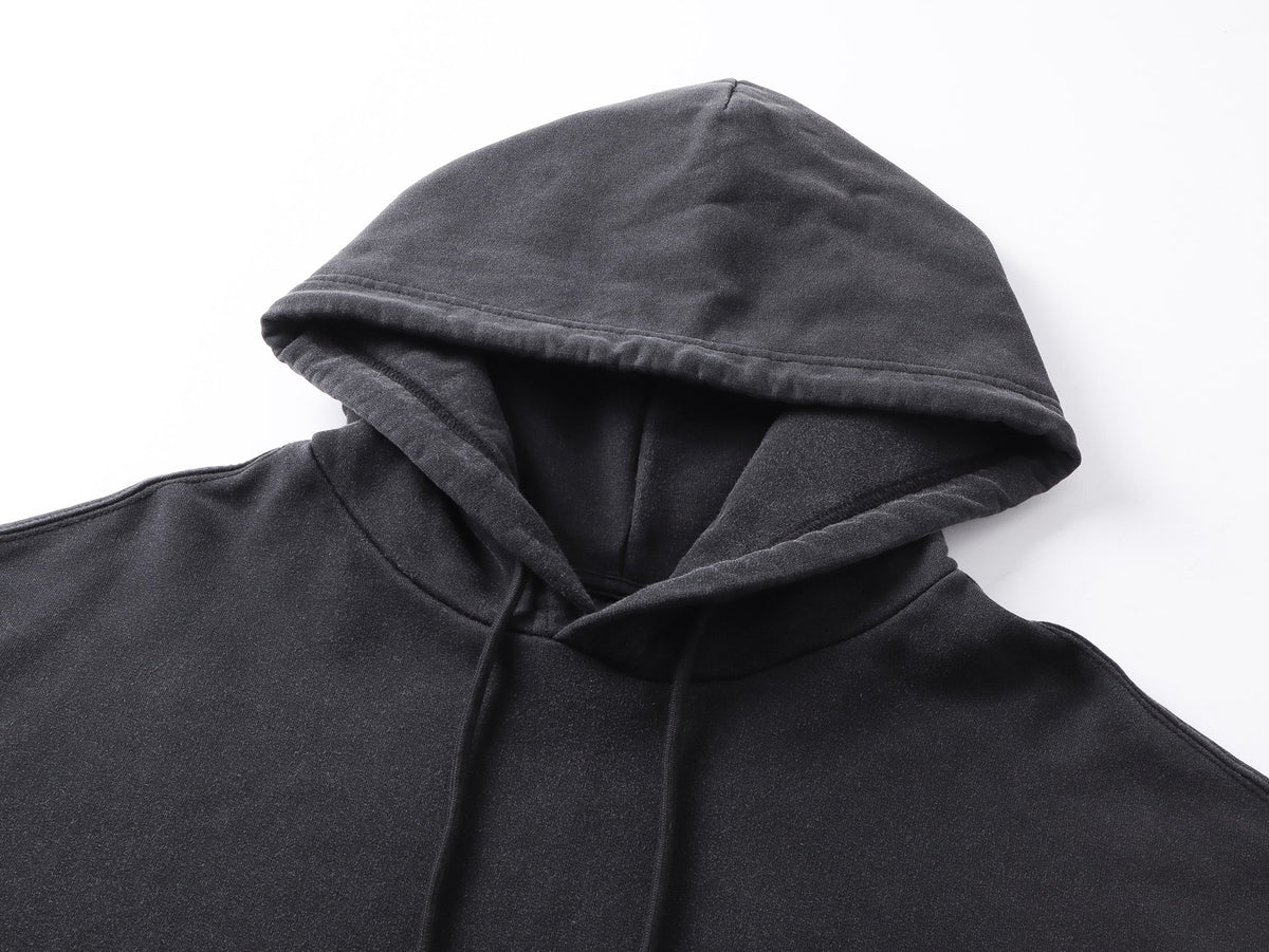 Two tone fuzzy printed washed water used hooded sweatshirt