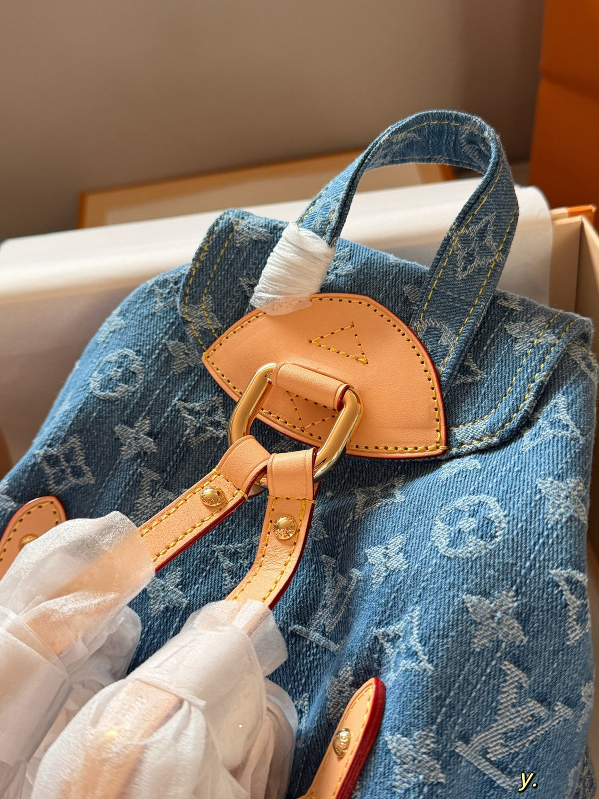 Blue denim double pocket triangular buckle backpack