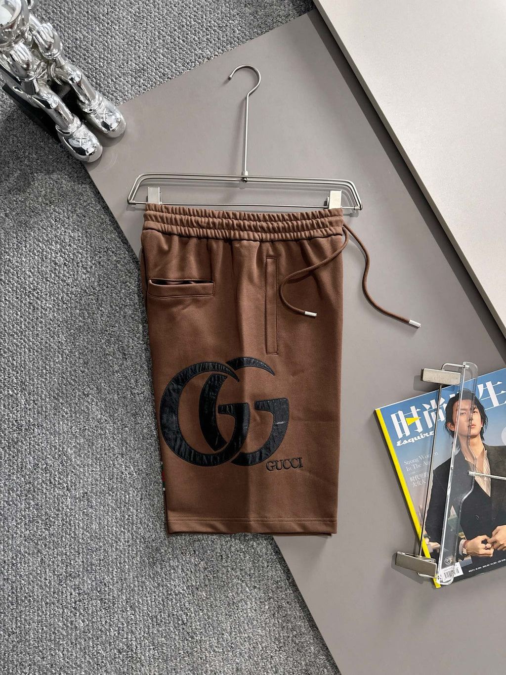 Classic woven ribbon splicing leather casual shorts
